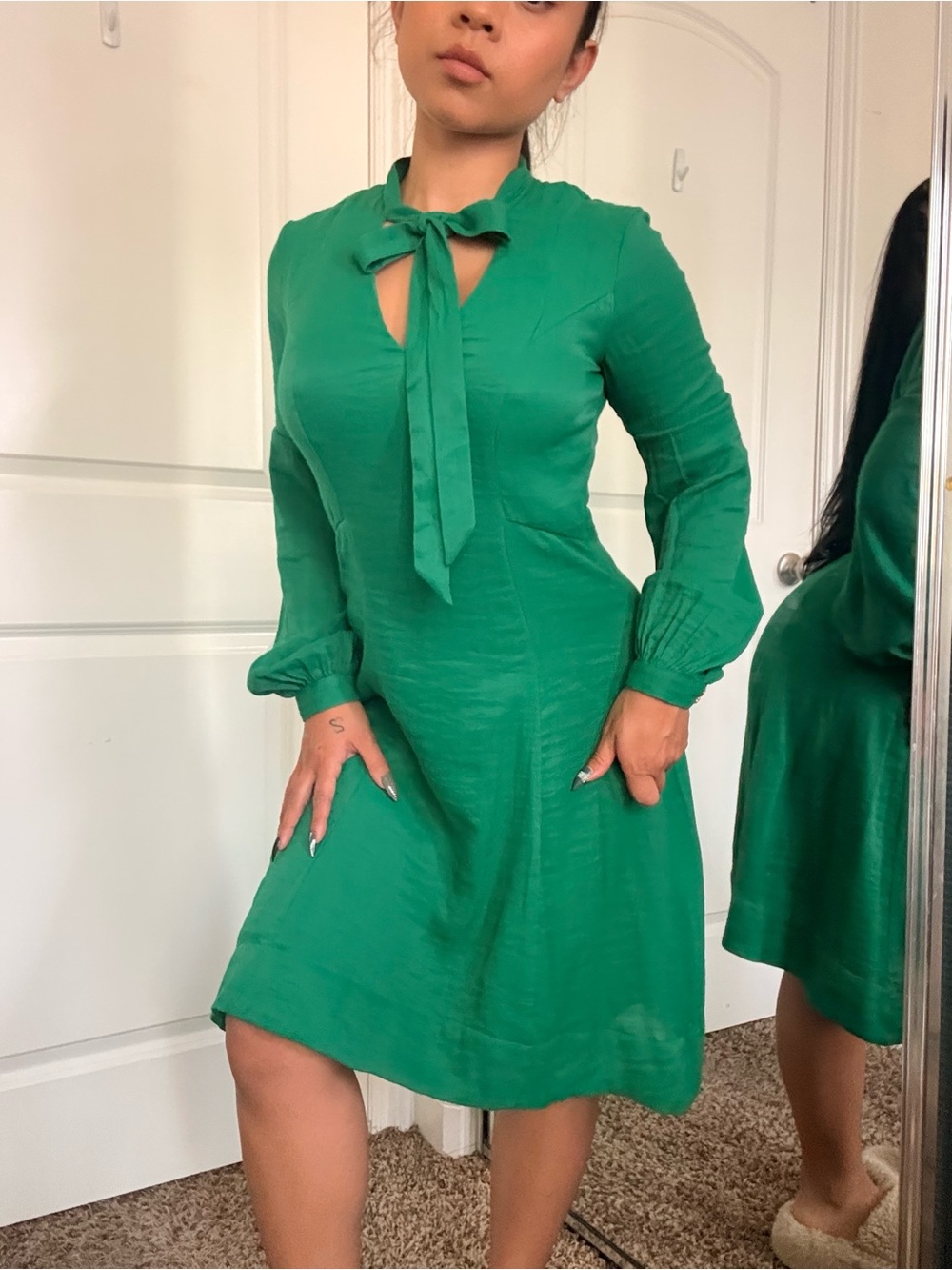 Moulinette Soeurs Anthropologie Emerald Green Tie-Neck Long Sleeve Dress